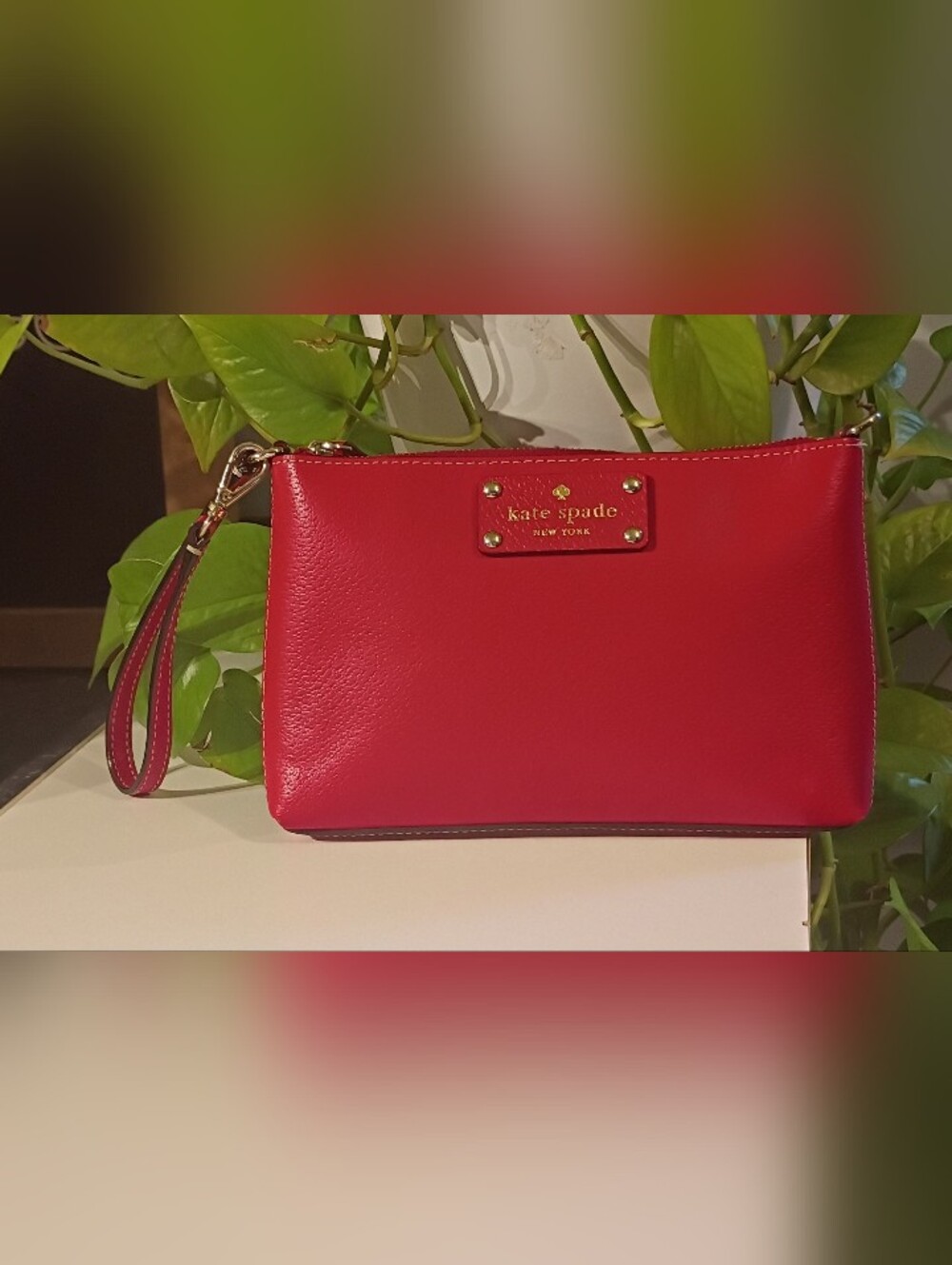 kate spade Red Leather Wristlet Clutch with Gold Plaque